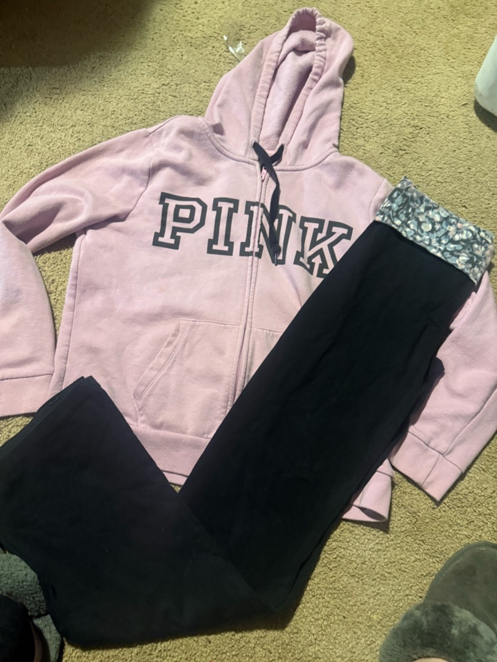 PINK Victoria's Secret Light Pink Zip Hoodie + Black Fold-Over Leggings